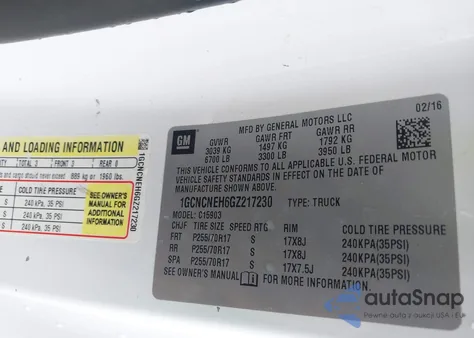 2016 Chevrolet Silverado 1500 Wt из США, поврежденный, VIN 1GCNCNEH6GZ217230